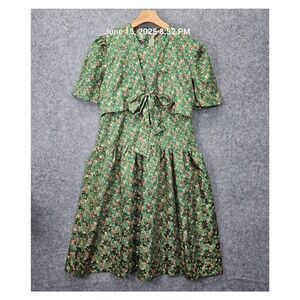 Vintage 70s Floral Cottagecore Dress‎ M Green Grandma Calico Bolero Tie Front